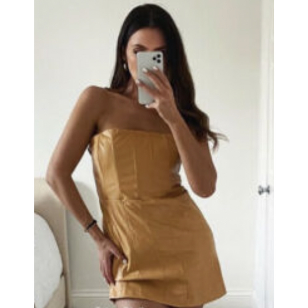 ZARA NEW WOMAN SS21 CARAMEL FAUX LEATHER DRESS REF:8742/322